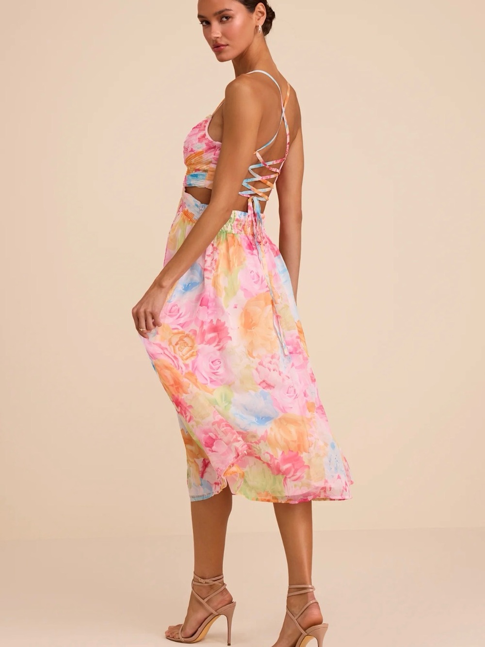 Lulu's Pastel Floral Cutout Midi Dress - Pink Multi - Picture 2 of 3